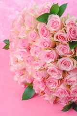 Pink rose bouquet with dewdrops for romantic floral decoration and gift background