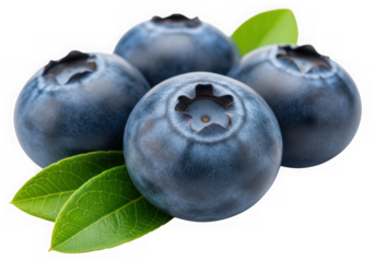 A cluster of fresh, ripe blueberries with vibrant green leaves, highlighting their natural beauty and healthy appeal, isolated on transparent background