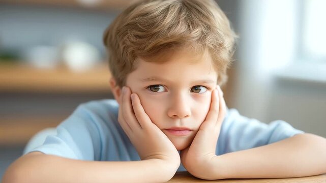 Bored little boy with defocused expression background, faceless child emotion, restless visualization detail, blurred setting, childhood concept, boredom interface, mood display, e