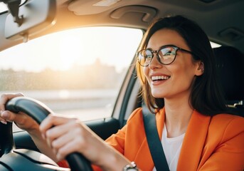 Happy young woman driving a car during sunset. Smiling female driver with glasses holding steering wheel. Auto travel and lifestyle concept