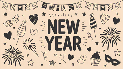 Hand-drawn New Year doodle illustration festive vector design with party elements perfect for holiday cards and social media graphics
