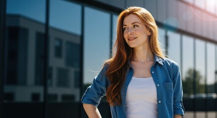 Fototapeta premium Portrait of a confident young woman with red hair smiling outdoors. Happy female student standing in front of a modern urban building on a sunny day.