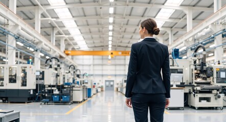 A woman in a business suit seen from behind overlooking a modern factory. Female manager or engineer inspecting the industrial production line and machinery
