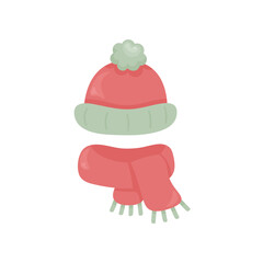 Vector winter hat and scarf set in red and green on white background. Includes pom-pom hat and fringed scarf. Perfect for seasonal clipart, cozy design sets, greeting cards, and festive illustrations.