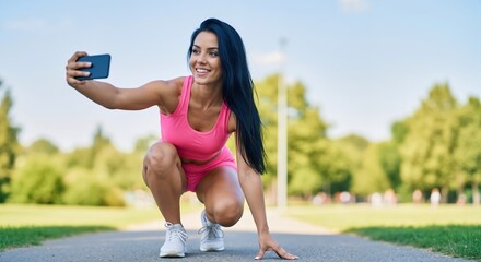 Athletic woman taking a selfie with her phone during an outdoor workout. Fit young runner smiling in a starting pose in a park. Healthy lifestyle and fitness concept