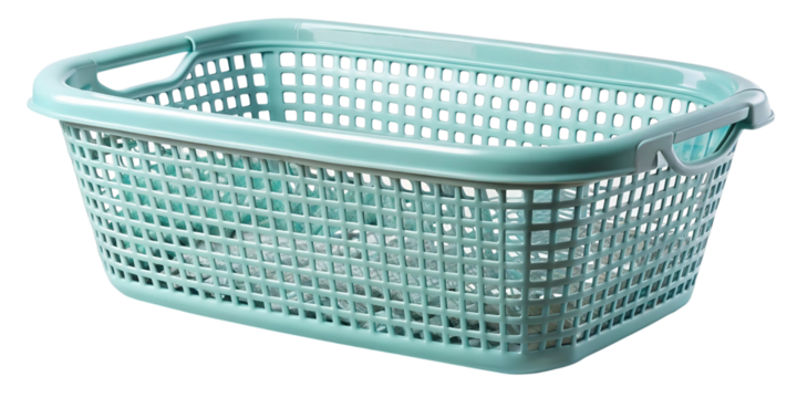 Light blue plastic laundry basket, isolated household item