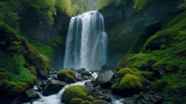 Lush Green Waterfall Surrounded by Mossy Rocks and Trees photo image