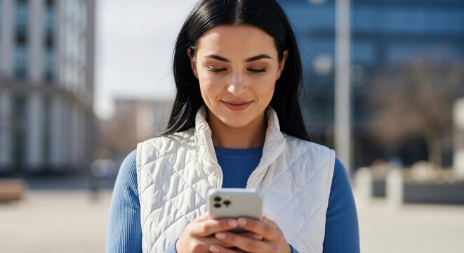 Smiling young woman using her smartphone outdoors in the city. Happy brunette person texting or browsing online on a mobile phone