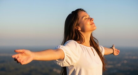 Happy young woman with arms outstretched enjoying the sun. Person breathing fresh air in nature during sunset. Freedom and well-being lifestyle concept