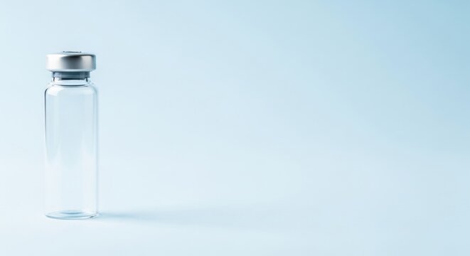 Clear medical glass vial for vaccine or medication on light blue background, syringe container for injection, health care concept.