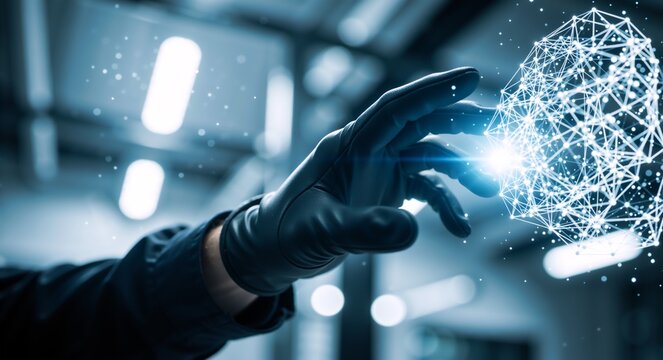A hand in a black glove touching a glowing digital network structure. Futuristic concept of innovation, technology, and cybersecurity