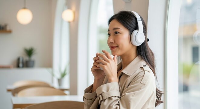 Smiling asian woman listening to music on headphones in a coffee shop. Young female enjoying a relaxing break with a cup of coffee