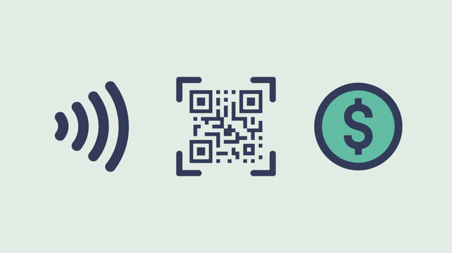 Illustration of contactless payment symbol qr code and dollar coin on a light background surface