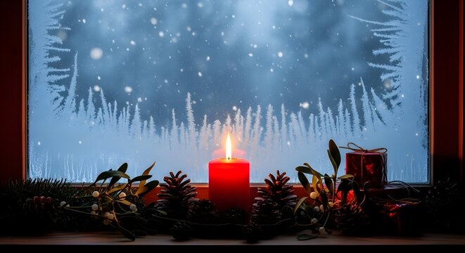 A glowing red Christmas candle on a windowsill with festive decor against a frosty, snowy window.