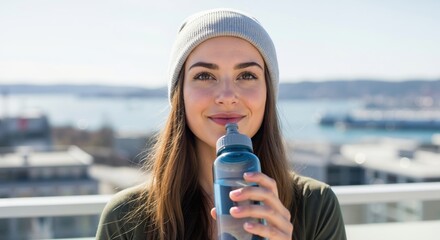 Portrait of a healthy young woman drinking water from a reusable bottle. Smiling female in a beanie staying hydrated outdoors with a city view