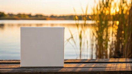 A blank canvas sits on a wooden dock by a serene lake, surrounded by tall grass and a warm sunset glow reflecting on the water.