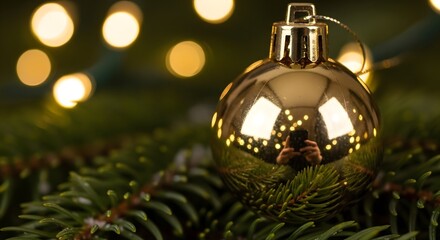 A shiny golden Christmas bauble ornament resting on a fir tree branch with festive bokeh lights in the background.