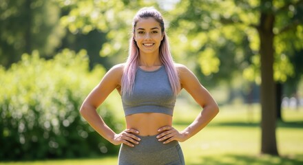 Confident fit woman in sportswear smiling in a park. Young female athlete posing during an outdoor workout. Healthy lifestyle concept