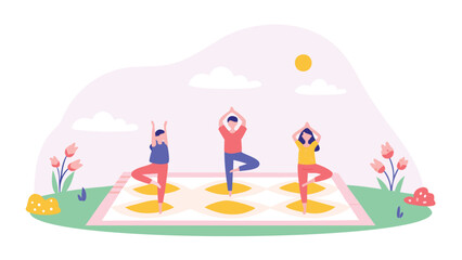 Diverse group of children practicing yoga poses on a colorful picnic blanket outdoors on a sunny summer day promoting health and mindfulness