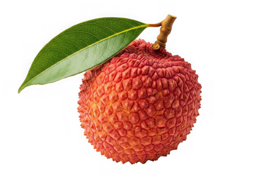 Fresh lychee fruit with a vibrant green leaf and stem, showcasing its unique textured red skin, isolated on transparent background