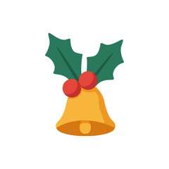 Flat Christmas bell icon with holly leaves and red berries, perfect for holiday decorations, festive greeting cards, winter celebrations, seasonal marketing materials, and cheerful Christmas design el