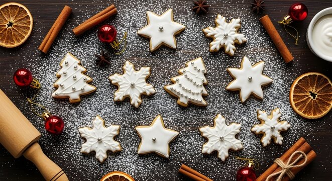 Festive Christmas cookies shaped like stars, snowflakes, and trees on a wooden table with spices and decorations.