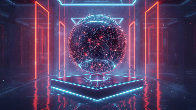 abstract digital background, Abstract Digital Sphere Network with Neon Glow