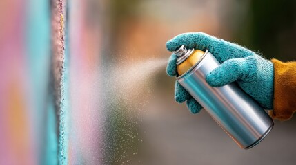 Street Art Creation with Spray Paint Can - Focused Gloved Hand in Action on Colorful