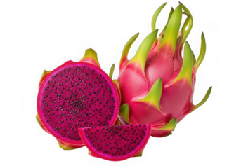 Fresh dragon fruit with one whole fruit and two cut pieces revealing its vibrant red flesh and black seeds, isolated on transparent background
