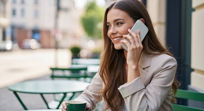 Smiling businesswoman talking on a mobile phone at an outdoor city cafe. Young professional woman on a coffee break enjoying a conversation
