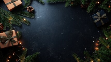 Beautifully arranged festive scene with gifts, greenery, and twinkling lights set on a dark background for the New Year celebration season. Concept of New Year and Christmas celebration