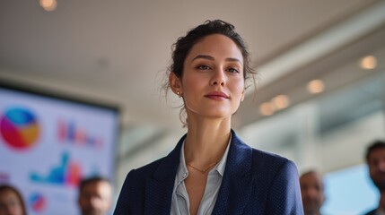 Confident professional woman looks directly at camera standing in corporate office meeting room background.