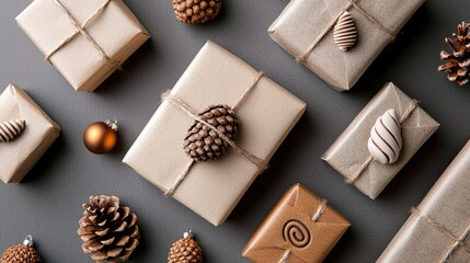 A collection of Christmas gifts wrapped in rustic kraft paper, tied with twine, and decorated with pine cones and wooden ornaments. A single bronze ornament is