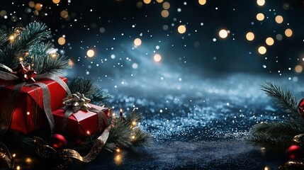 Holiday scene with Christmas gifts and festive decorations shining bright against a dark background. Concept of New Year and Christmas celebration