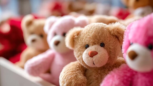 Full frame of teddy bears defocused collection display, faceless plush toys, multiple visualization detail, blurred toy background, childhood concept, collection interface, toy dis