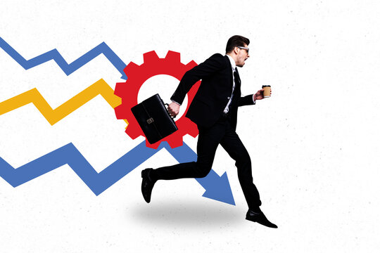 3d pop image sketch art collage of angry businessman run arrow decline statistics gearwheel inflation carry briefcase coffee cup - Powered by Adobe