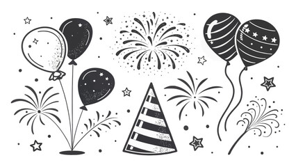 Celebrate with festive balloons, joyful fireworks, and a stylish party hat, perfect for birthdays, New Year's Eve, and special occasions