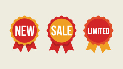 Three colorful badges displaying new sale and limited offers against a light background color scheme