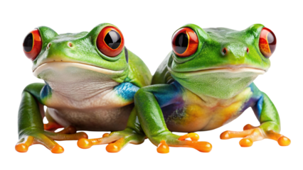 Two vibrant red-eyed tree frogs in a close-up, side by side