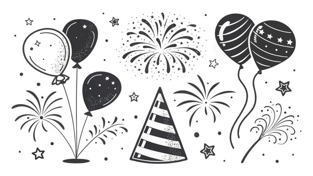 Celebrate with festive balloons, joyful fireworks, and a stylish party hat, perfect for birthdays, New Year's Eve, and special occasions