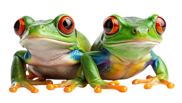 Two vibrant red-eyed tree frogs in a close-up, side by side