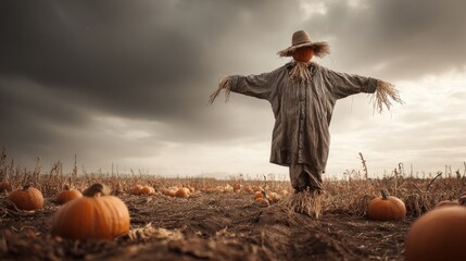 Rustic scarecrow stands tall guarding orange pumpkins growing in vast autumn farm field under dramatic dark sky.
