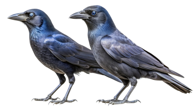 Two dark blue-eyed crows standing isolated on background