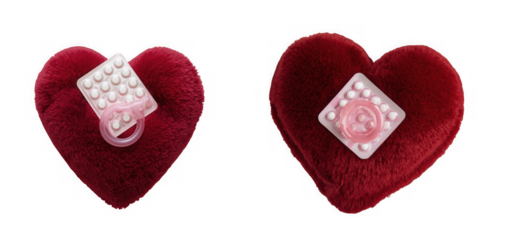 Two luxurious red velvet heart shaped jewelry boxes with diamond accents isolated on transparent background