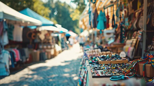 Colorful market stalls with beads and crafts on sunny day