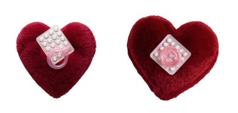 Two luxurious red velvet heart shaped jewelry boxes with diamond accents isolated on transparent background - Powered by Adobe