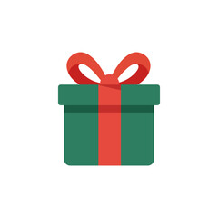 Christmas gift box icon in flat style, wrapped present with ribbon and bow, perfect for holiday designs, festive greeting cards, winter celebrations, seasonal branding, and digital illustration assets