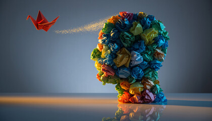 Unleash Your Creative Potential: Origami Bird Inspiring Colorful Paper Head, Symbolizing Imagination, Mental Health, and Freedom of Thought