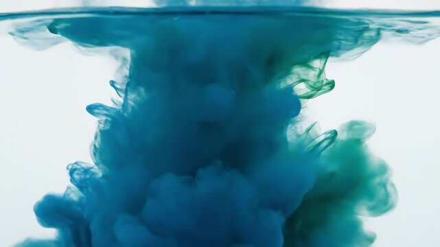 cyan ink plume sinking into clear water, underwater diffusion creating layered clouds and turbulence, cool blue and teal tones, slow-motion capture of mixing and fluid dynamics, serene laboratory