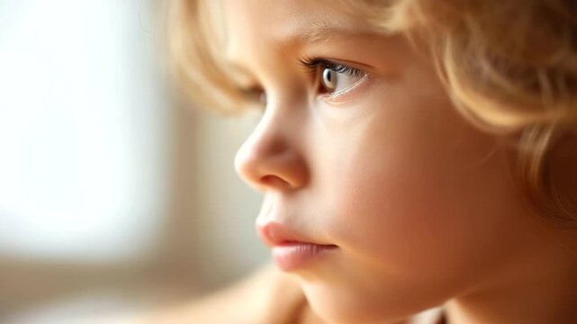 Close-up bored child drooling gazing defocused distance daydreaming, faceless deep boredom, lost-in-thought visualization detail, blurred face background, distraction concept, bore